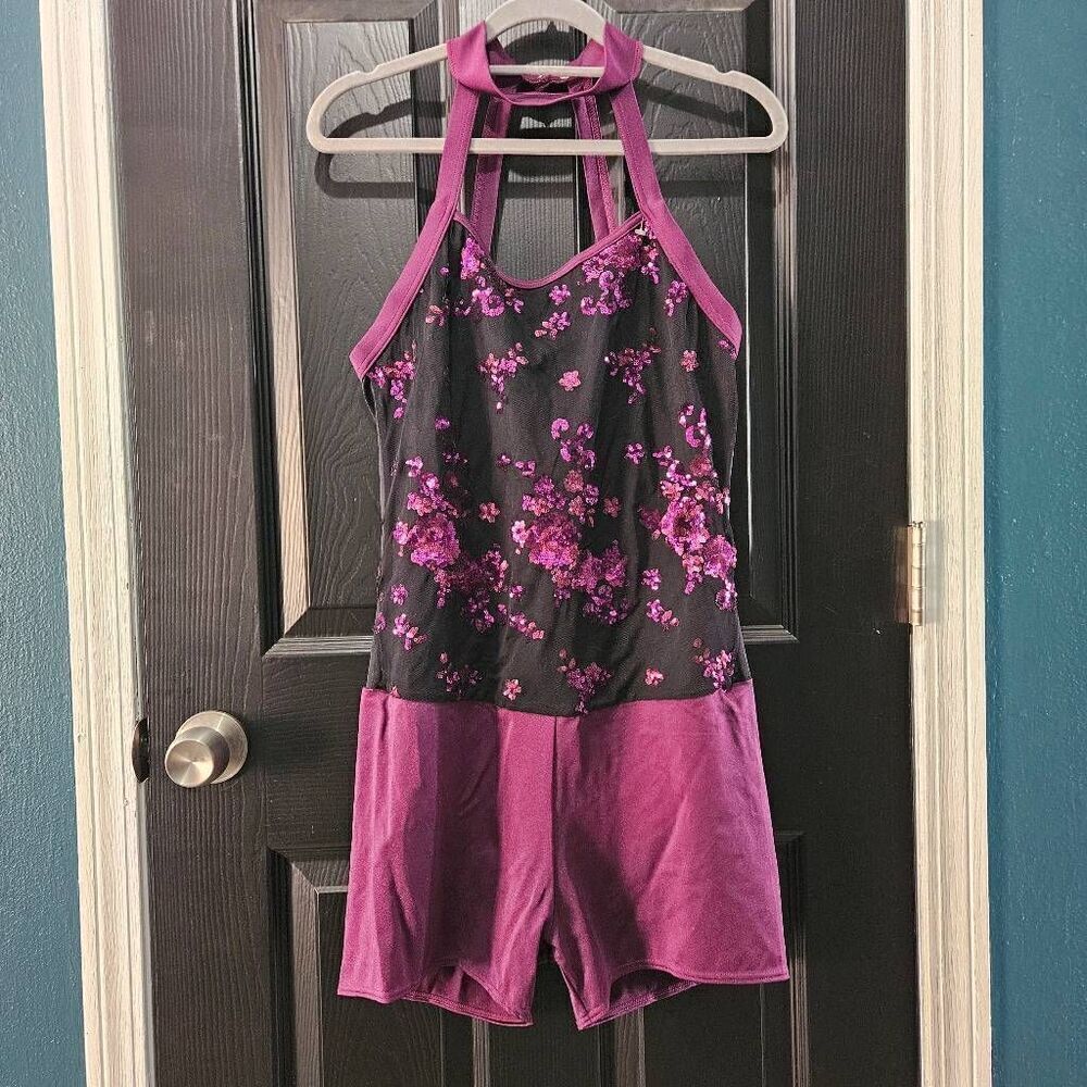 Weissman NWOT adult extra large gorgeous purple floral biketard one piece costum